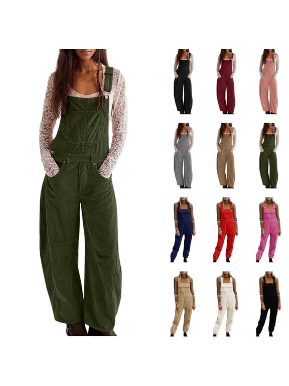 Corduroy Jumpsuits for Women Loose Fit Wide Leg Bib Overalls Casual Sleeveless Adjustable Straps One Piece Pants with Pockets Khaki S