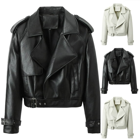 QATAINLAV Winter Savings! Faux Leather Jackets for Women Vintage Long Sleeve Crop Motorcycle Jacket Casual Notch Collar Coats Black M