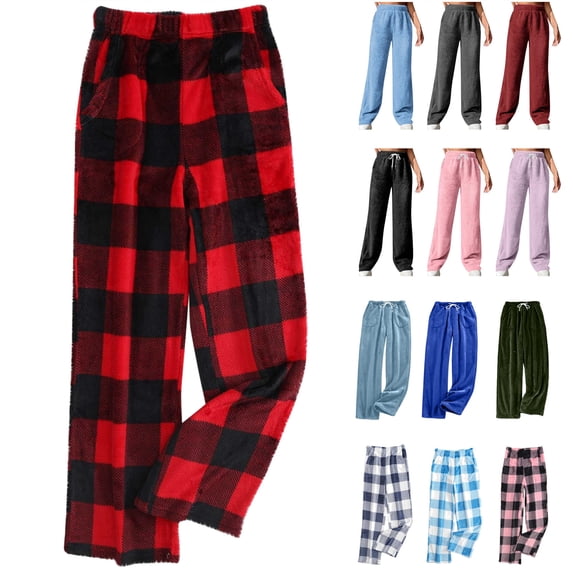QATAINLAV Flannel Pajama Pants for Women Fashion Buffalo Plaid Fleece Sleep Pant Casual Elastic Waist Loose Wide Leg Lounge Trousers with Pockets, Blue, M