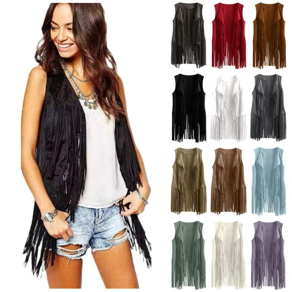 QATAINLAV Fringe Vest for Women Casual Sleeveless Faux Suede Waistcoat Solid Color Open Front Tassels Cardigan Outwear Tops Dark Gray M