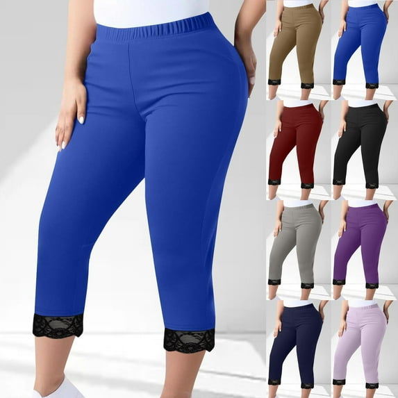QATAINLAV Plus Size Capri Leggings for Women Fashion Patchwork Lace Hem Stretch Cropped Running Tight Trousers Solid Casual Elastic Waist Workout Yoga Pants Wine L