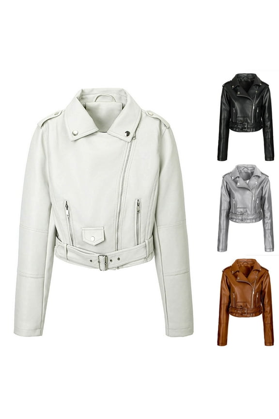 Women's Belted Faux Leather Moto Jacket Fashion Fall Clothes Casual Zip Up Long Sleeve Cropepd Motorcycle Biker Coat Black M