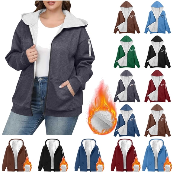 QATAINLAV Winter Warm Sherpa Lined Coats for Women Plus Size Hooded Jackets Heart Print Zip Up Jacket Sweatshirts Outerwear, Blue, XXXL