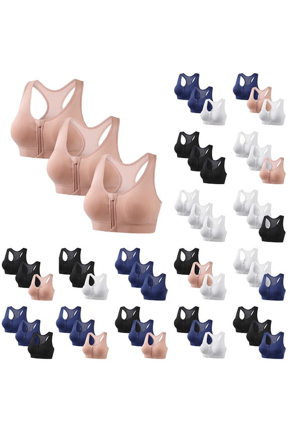 Woman 3 Pack High Impact Sports Bras with Front Zip Solid Mesh Breathable Racerback Gym Yoga Workout Bra Rose Gold XXL
