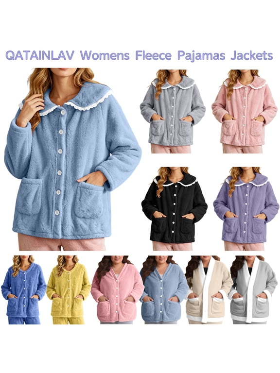 Woman Bed Jackets Fuzzy Fleece Sherpa Longewear Coat Cute Collared Long Sleeve Pajama Tops with Pockets Black XL