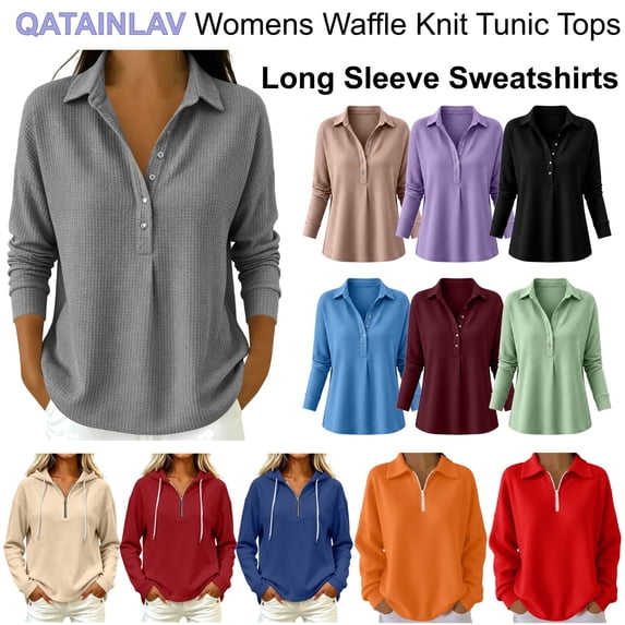 QATAINLAV Woman Fall Tops Waffle Knit Long Sleeve Polos Collar Shirts Half Button Loose Fit Dressy Textured Sweatshirts
