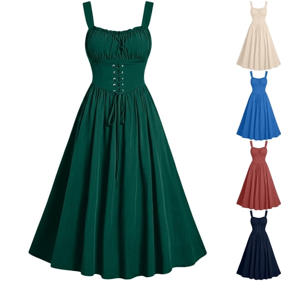 QATAINLAV Woman Halloween Dress Sleeveless Square Neck A Line Dresses Corset Gothic Renaissance Costume