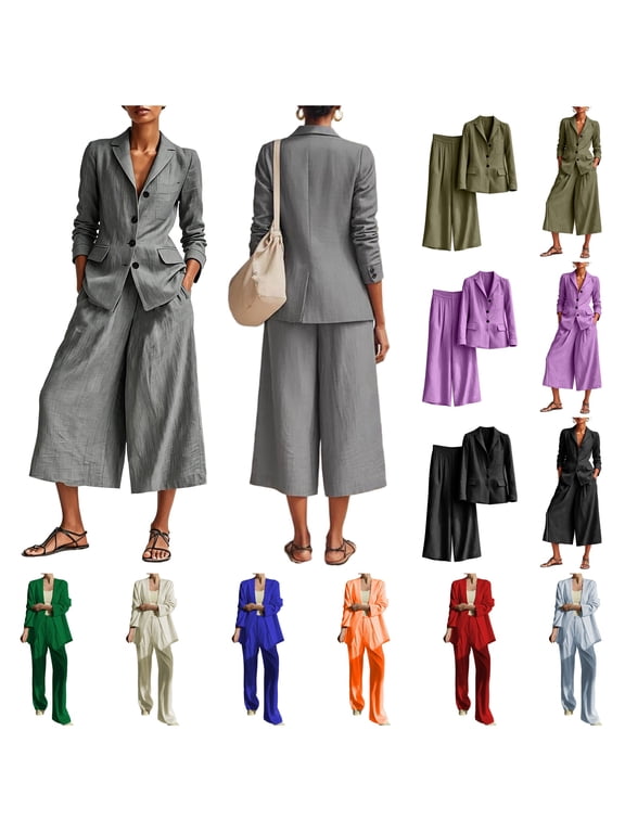 Woman Linen Blazer and Pants Matching Set Dressy Casual Work Jackets with Wide Leg Capris 2 Piece Business Outfits Gray M