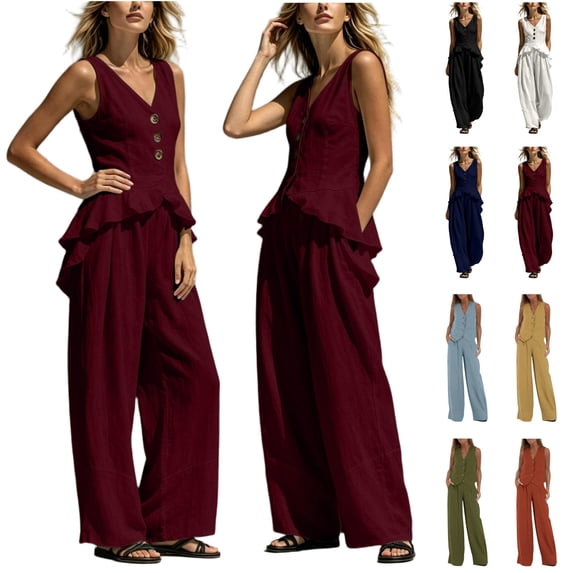 QATAINLAV Woman Matching Sets Sleeveless Ruffle Hem Tank Top and Wide Leg Pants Two Piece Summer Outfits Wine XL