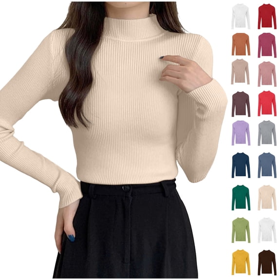 QATAINLAV Woman Mock Neck Long Sleeve Shirts Solid Color Casual Pullover Sweater Ribbed Knit Cute Slim Fit Tops Red