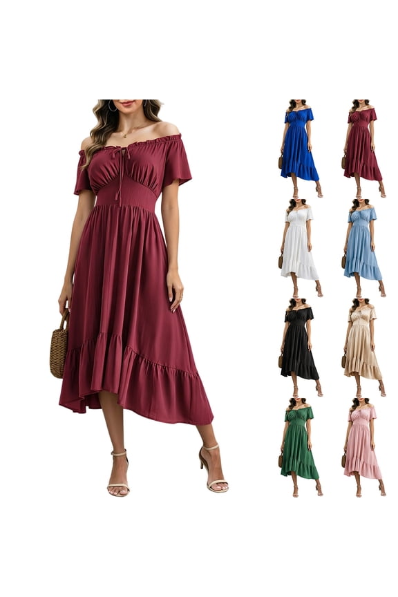 Woman Off Shoulder Midi Dress Smocked Waist Tiered Ruffle Hem Summer Dresses Vintage Corset Renaissance Costume Black M