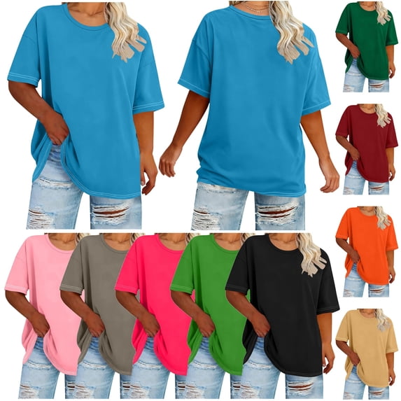 QATAINLAV Woman Plus Size Tops Casual Loose Fit Summer T Shirts Solid Short Sleeve Crew Neck Basic Tees Pink XXXXXL