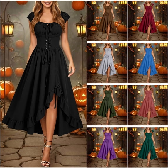 QATAINLAV Woman Renaissance Dress Gothic Medieval Corset Peasant Costume Lace-Up Front Ruched Neckline Halloween Gown