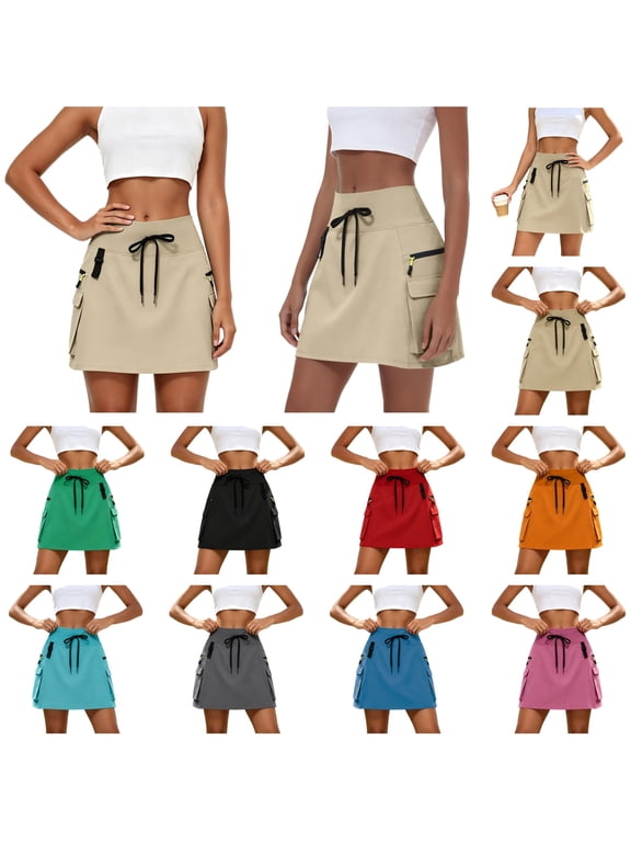 Woman Summer Hiking Cargo Skorts with Zipper Pockets Dressy Casual Drawstring High Waisted Golf Workout Skirts Red XS