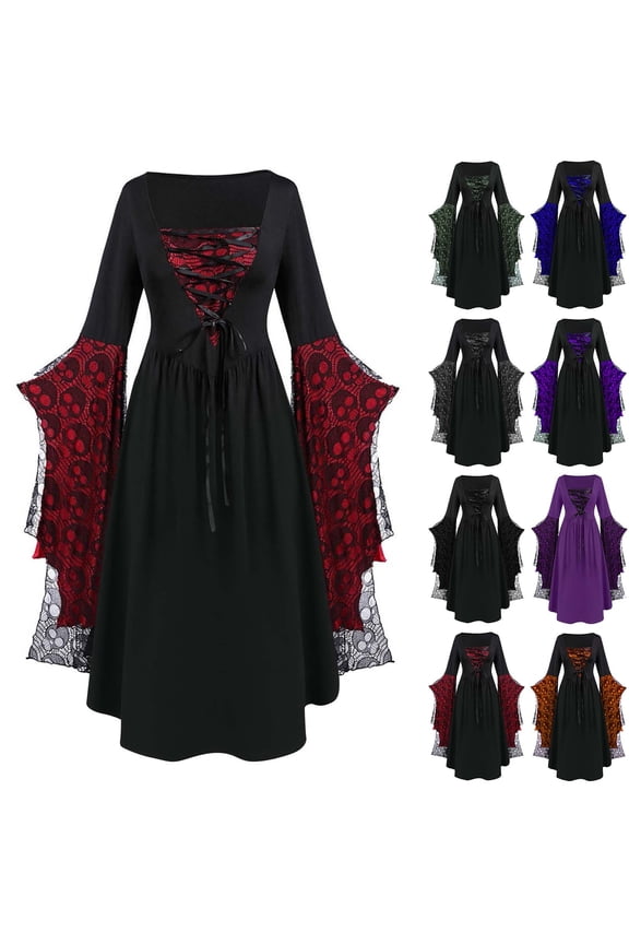 Womans Bat Sleeve Renaissance Dress Gothic Lace Up Corset Dresses Halloween Cosplay Witch Costumes,Blue,XXXL