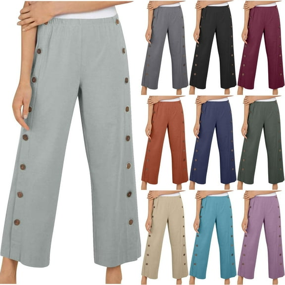 QATAINLAV Women 2025 Summer Cotton Linen Pants Solid Color High Waisted Wide Leg Trousers Trendy Side Button Lightweight Beach Pants with Pockets Purple L