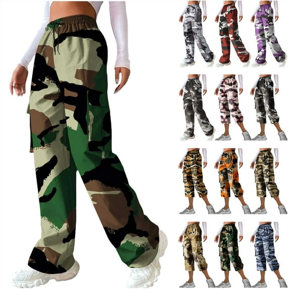 QATAINLAV Women Camo Cargo Pants High Waist Baggy Wide Leg Sweatpants Outdoor Casual Drawstring Hiking Pants Military Tactical Pants with Pockets Holiday Sales Purple XL