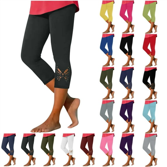 QATAINLAV Women Capri Leggings 2025 Dressy Casual Summer Capris Comfy Knee Length Hollow Out Workout Tight Cropped Trousers Navy M