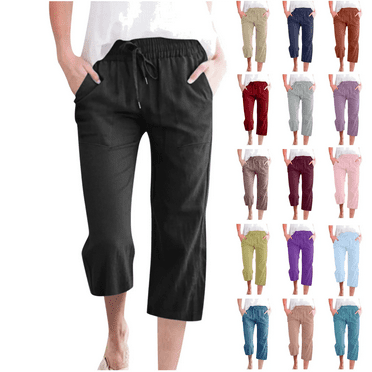 QATAINLAV Womens Capri Pants for Summer Loose Fit Linen Wide Leg Beach Cropped Trousers Casual Drawstring Straight Capris with Pockets Ropa de Verano Para Mujer Black XXL