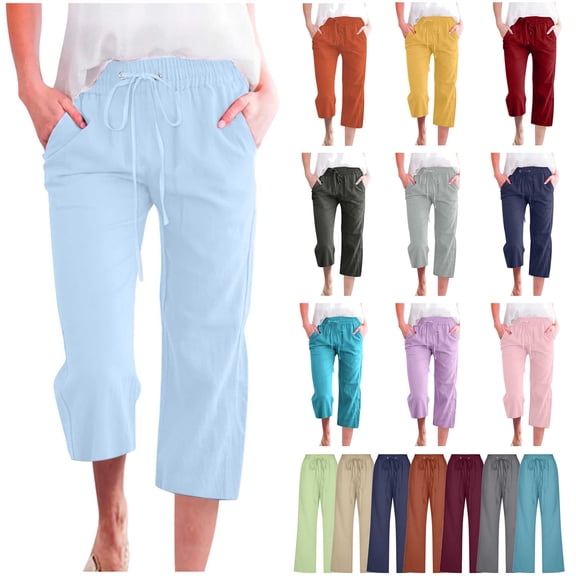 QATAINLAV Capri Pants for Women Summer Linen Drawstring Beach Capris Baggy Straight Wide Leg Cropped Trousers with Pockets Black XL