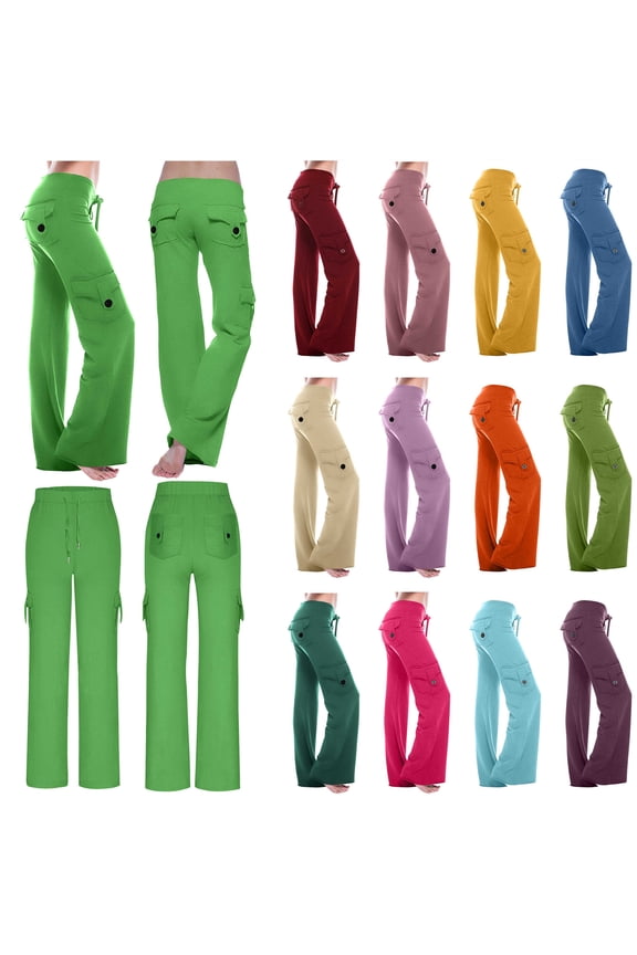 Women Cargo Yoga Pants with Pockets Stretchy Bootcut Dress Pants High Waisted Wide Leg Trousers Streetwear Green M