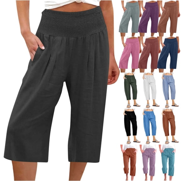 QATAINLAV Women Casual Elastic High Waist Capri Pants Lightweight Cotton Linen Cropped Trousers Basic Solid Wide Leg Lounge Capris with Pockets Birthday Gifts Army Green L