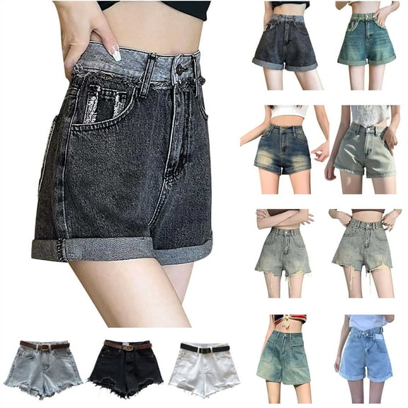 QATAINLAV Women Casual High Rise Denim Shorts Casual Frayed Hem Short Jeans Solid Color Ripped Jean Short Pants Black XL Birthday Gifts