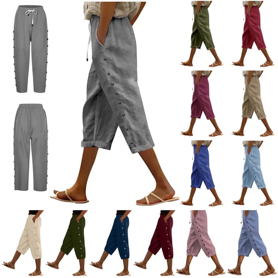 QATAINLAV Women Casual Linen Capri Pants Lightweight Summer Beachwear Elastic Waist Side Button Cropped Trousers with Pockets Beige XXL