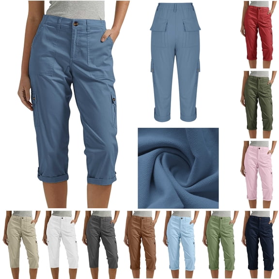 QATAINLAV Women's Hiking Cargo Pants Outdoor Knee Length Camping Capris Solid Casual Cropped Work Trousers with Pockets, Army Green, S