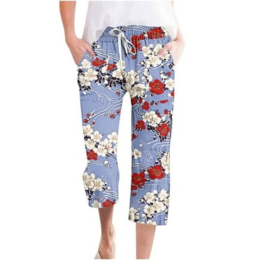 QATAINLAV Women Cropped Pants Trendy Floral Print Capri Pants Casual Loose Going Out Short Beach Pants Summer Drawstring Straight Capris with Pockets Lightning Sale Blue M
