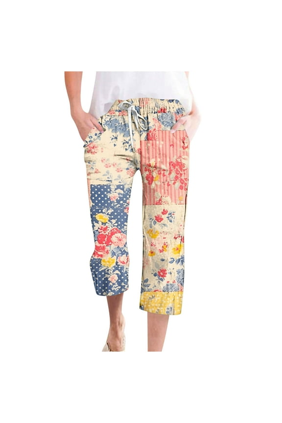 Women Cropped Pants Trendy Floral Print Capri Pants Casual Loose Going Out Short Beach Pants Summer Drawstring Straight Capris with Pockets Daily Sales Purple 3XL