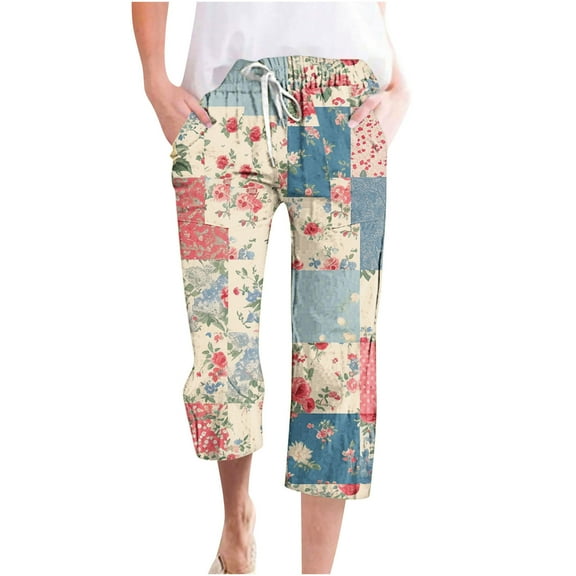 QATAINLAV Women Cropped Pants Trendy Floral Print Capri Pants Casual Loose Going Out Short Beach Pants Summer Drawstring Straight Capris with Pockets Mother's Day Gifts Dark Blue XXL
