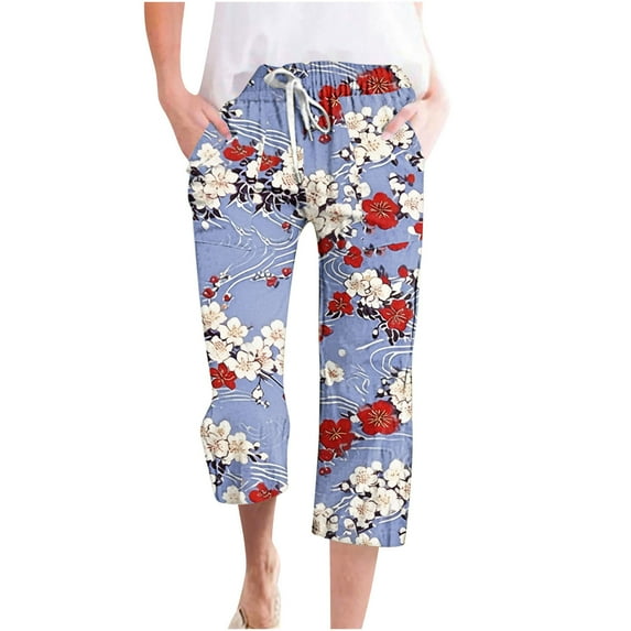 QATAINLAV Women Cropped Pants Trendy Floral Print Capri Pants Casual Loose Going Out Short Beach Pants Summer Drawstring Straight Capris with Pockets Prime Sales Blue XXL