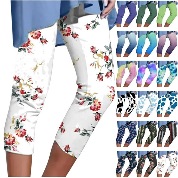 QATAINLAV Women Cropped Tights Casual High Waisted Capri Leggings Trendy Printed Running Legging Capris Milk Silk Soft Yoga Pants Back to College Sales Blue S