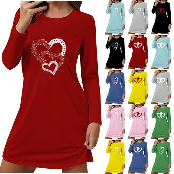 QATAINLAV Women Cute Print Mini Nightdress Long Sleeve Crewneck Valentines Sleepwear Cotton Comfy Loose Shirt Dresses, Black, S
