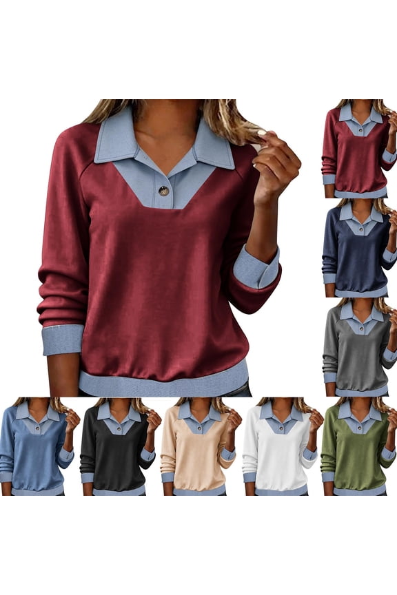 Women Denim Patchwork Long Sleeve Shirts Dressy Casual Button Lapel Collar Polos Shirt Business Blouse Work Tunic Tops White XXL