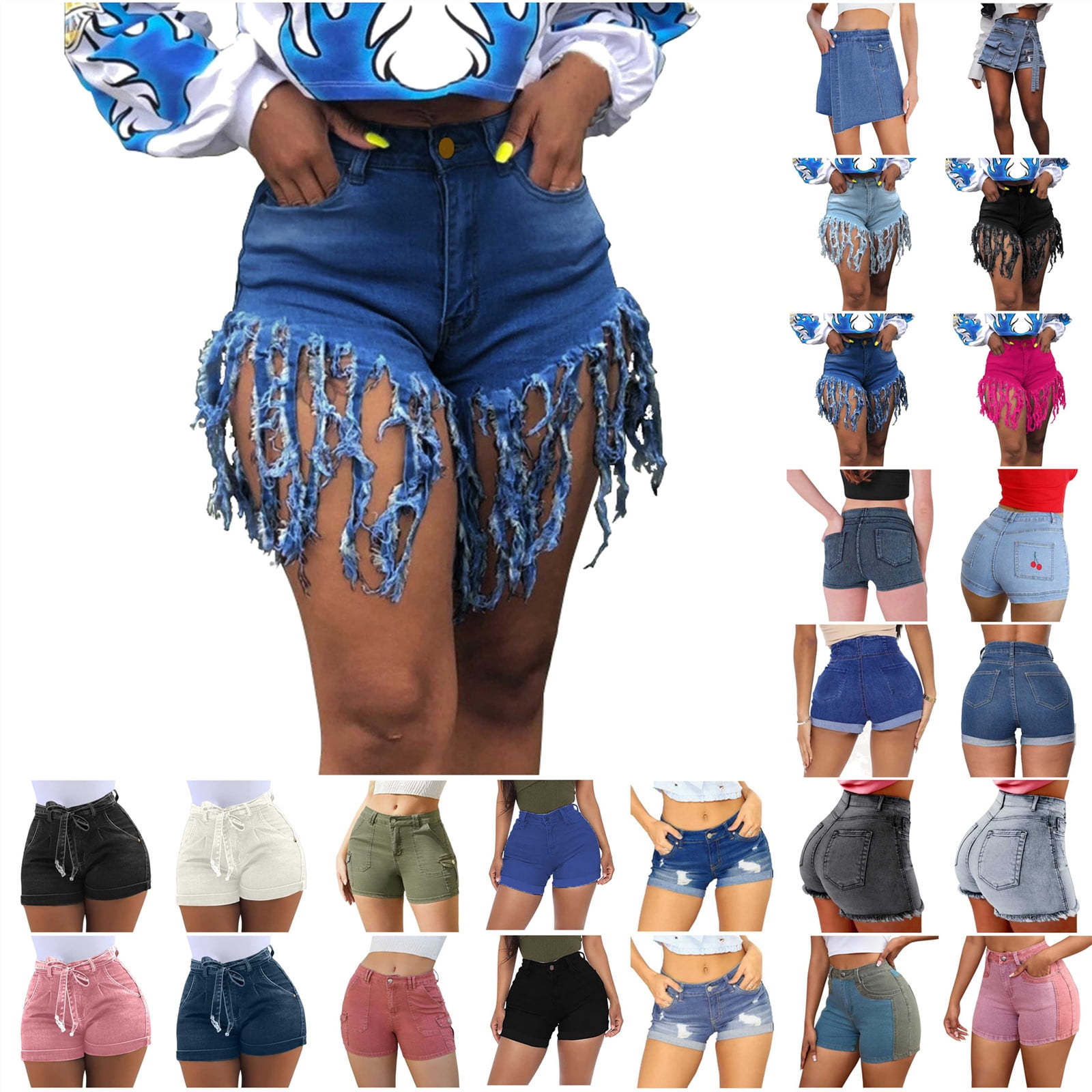 Weigou Women's High Waisted Denim Shorts - Stretchy Raw Hem With Tassels, Frayed Summer Clubwear