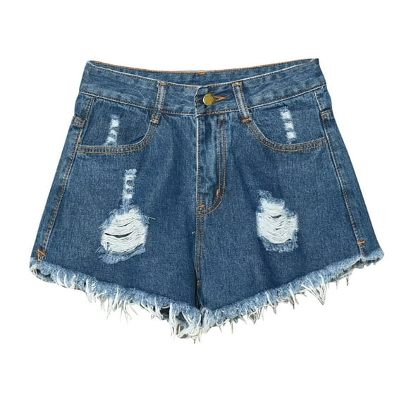 QATAINLAV Women Denim Shorts Raw Hem Ripped High Waist Jean Shorts Summer Loose Plus Size Solid Distressed Jeans Shorts with Pocket Dark Blue L