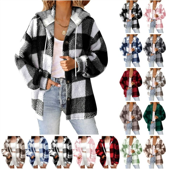 QATAINLAV Women Drawstring Hooded Plaid Jackets Fall Shackets Long Sleeve Button Down Hoodies Winter Fleece Coats Fashion Clothing Blue M
