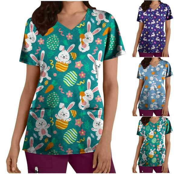 QATAINLAV Women Easter Scrub Tops Short Sleeve V Neck Nurse Working Uniform Soft Stretch Egg Printed Medical Care Shirts Big Sales Today Green XXL