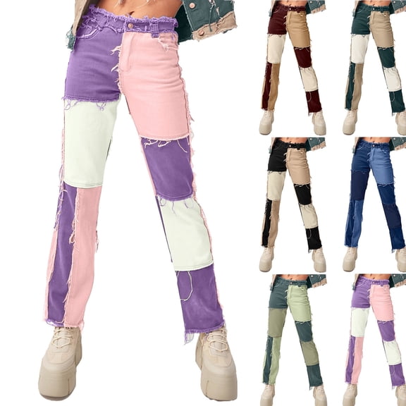 QATAINLAV Women Frayed Hem Jeans Casual Button High Waisted Straight Denim Pants Trendy Colorblock Patchwork Jean Pants Y2k Streetwear Birthday Gifts Green XS