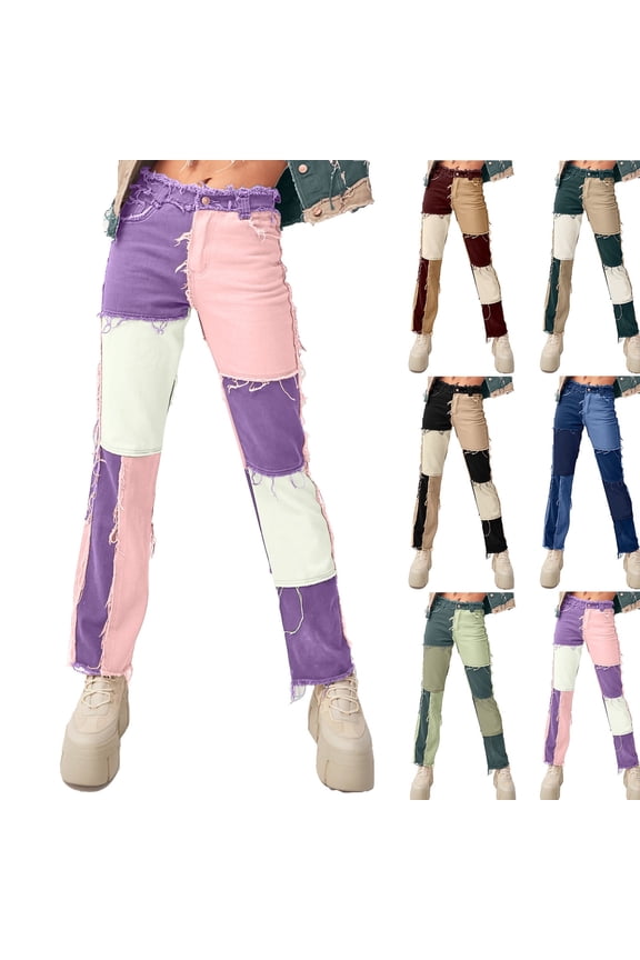 Women Frayed Raw Hem Jeans Casual Button High Waisted Straight Denim Pants Trendy Colorblock Patchwork Jean Pants Y2k Streetwear Pink XS