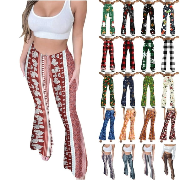 QATAINLAV Women High Waisted Flare Leggings Trendy Boho Print Hippie Pant Casual Tight Sport Yoga Pants 2025 Fashion Flowy Bell Bottom Pants Today Sales Multicolor XXL