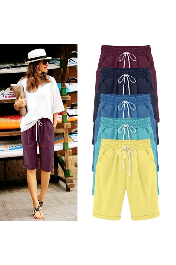 Women High Waisted Shorts with Pockets 2024 Summer Lightweight Linen Bermuda Shorts Solid Oversized Short Pants Casual Drawstring Knee Length Beach Shorts Warehouse Sales Today Blue XL
