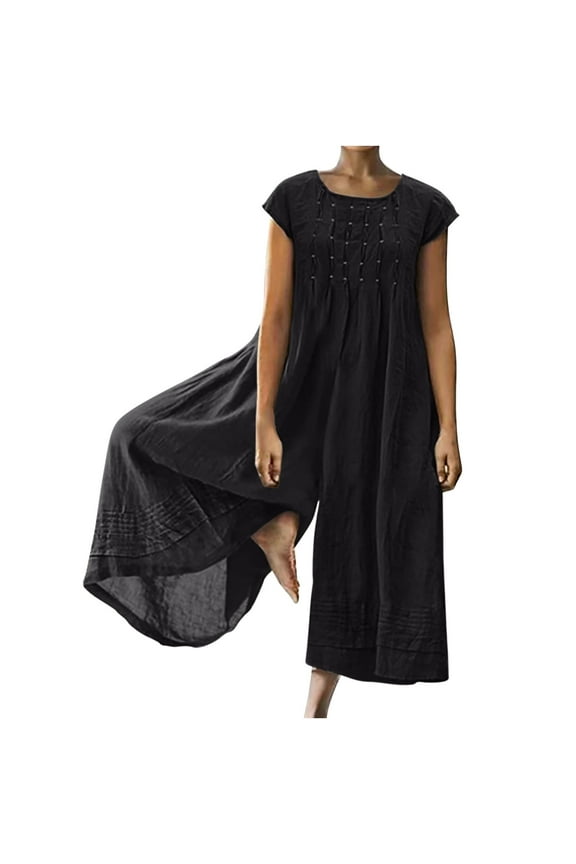 Women Jumpsuit Loose Wide Leg Overalls Summer Short Sleeve Cotton Linen Jumpers with Pockets Casual Solid Color One Piece Pants 2024 Playsuits, Black, 3XL
