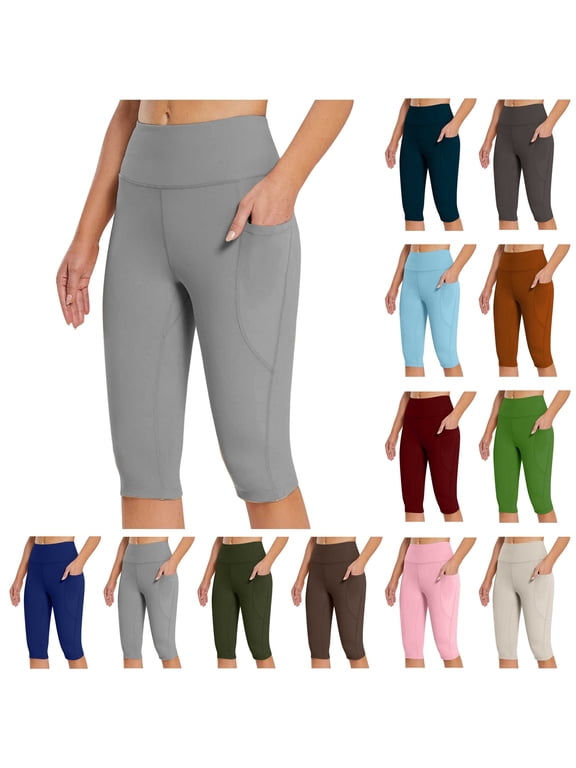 Women Leggings with Pockets Casual Knee Length Yoga Capri Pants High Waist Tummy Control Cropped Legging Pants Solid Color Tight Biker Shorts Dark Gray S