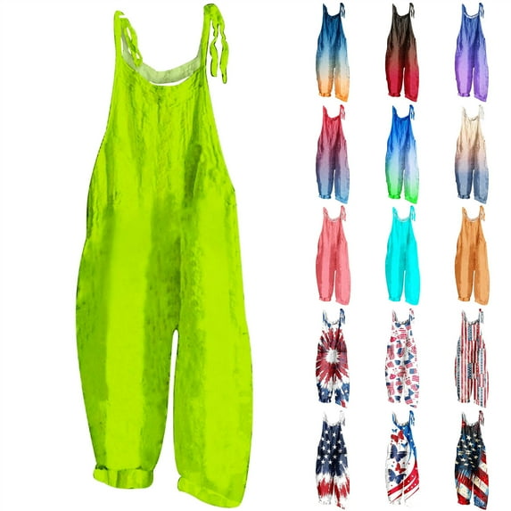 QATAINLAV Women Loose Fit Wide Leg Jumpsuits Sleeveless Cotton Linen One Piece Pants 2024 Fashion Print Overalls Casual Rompers Going Out Outfits Hot Pink XXL