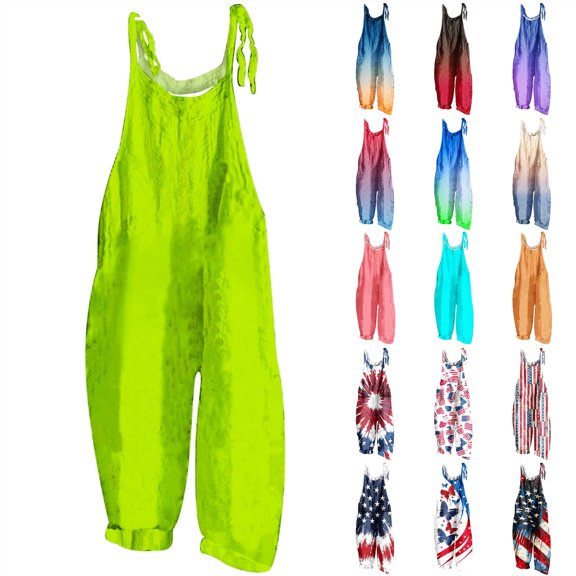 QATAINLAV Women Loose Fit Wide Leg Jumpsuits Sleeveless Cotton Linen One Piece Pants 2024 Fashion Print Overalls Casual Rompers Going Out Outfits Green S