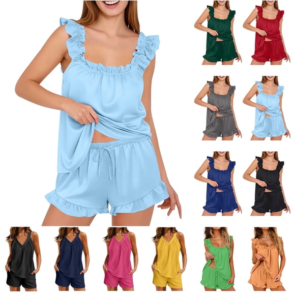 QATAINLAV Women Pajamas Set Fashion Ruffles Strap Pajama Tops Drawstring Elastic Waist Shorts Loungewear Sleepwear Outfits, Black, S