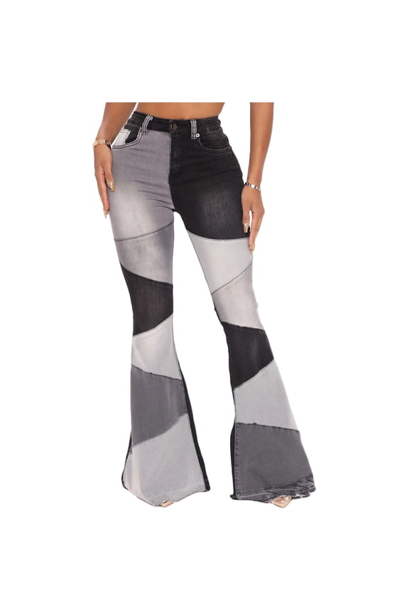 Women Patchwork Flare Jeans Stretch High Waisted Bell Bottoms Casual Wide Leg Denim Pants Fashion Y2k Streetwear 2026 Fall Clothes Black XL